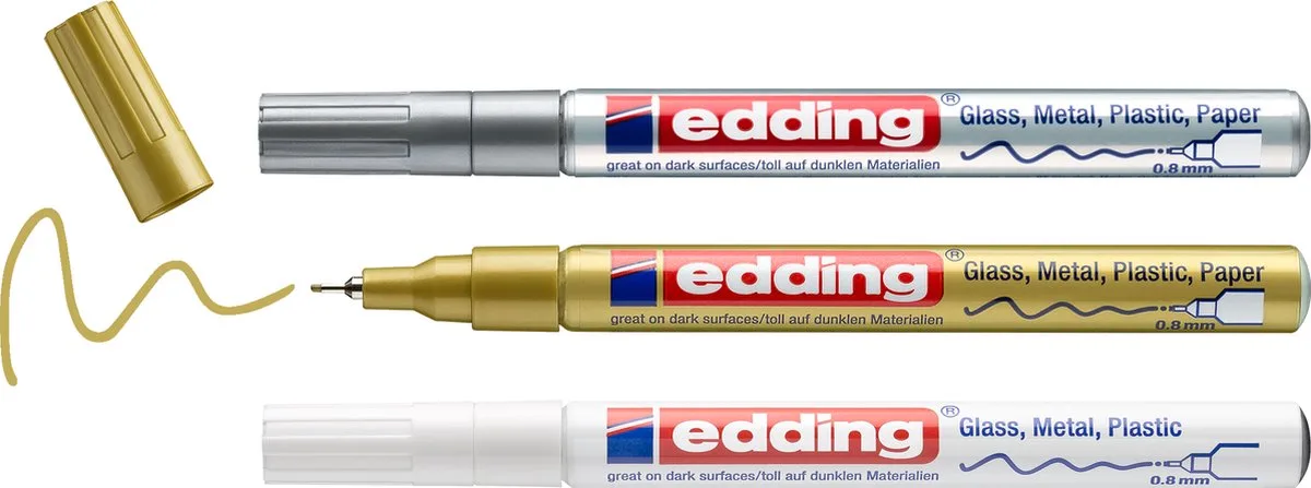 edding 780/3S metallic lakmarker set - assorti 3 stuks: wit, goud, zilver - 0,8mm de edding en Blanc, Or, Argent – photo produit