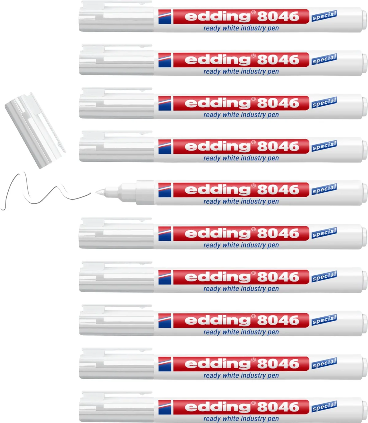 edding 8046 gebruiksklare witte industrie stift permanent - doos 10 stuks - 1-3 mm - witte kleur - na drogen van de inkt permanent van edding in Wit – productfoto