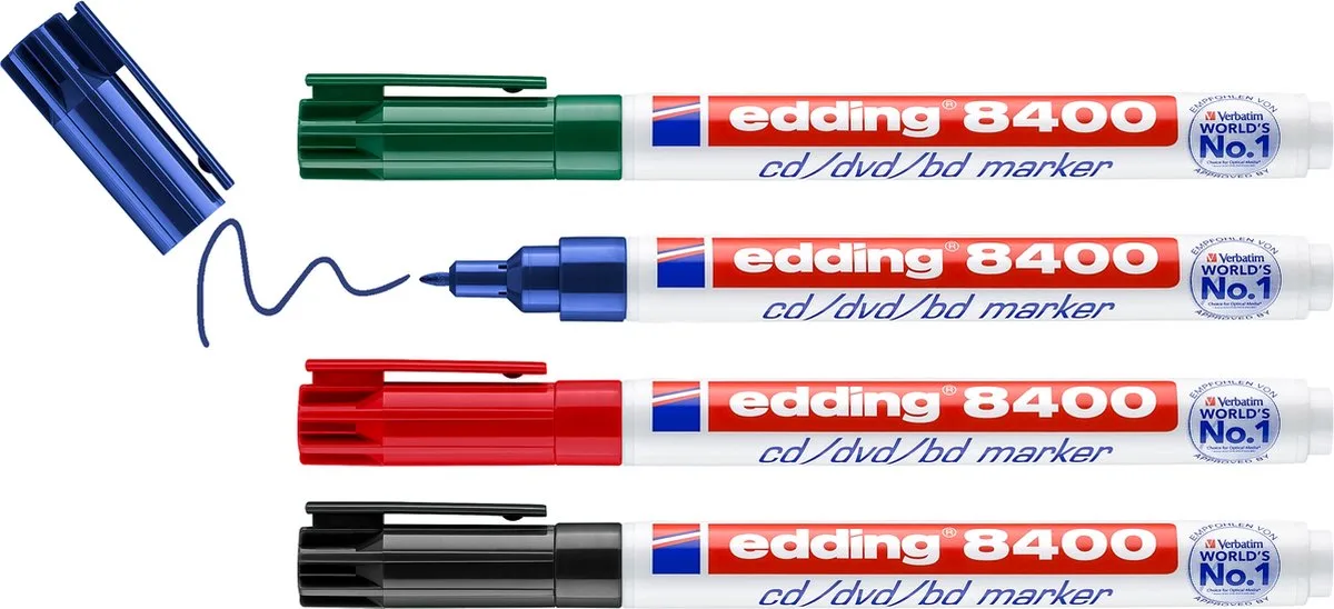 edding 8400/4 cd/dvd/bd marker - 4 stuks in de kleuren rood, blauw, groen - ronde punt 0,5-1mm - voor het veilig aanbrengen van permanente teksten op cd's, dvd's en Blu-Ray disks van edding in Zwart – productfoto