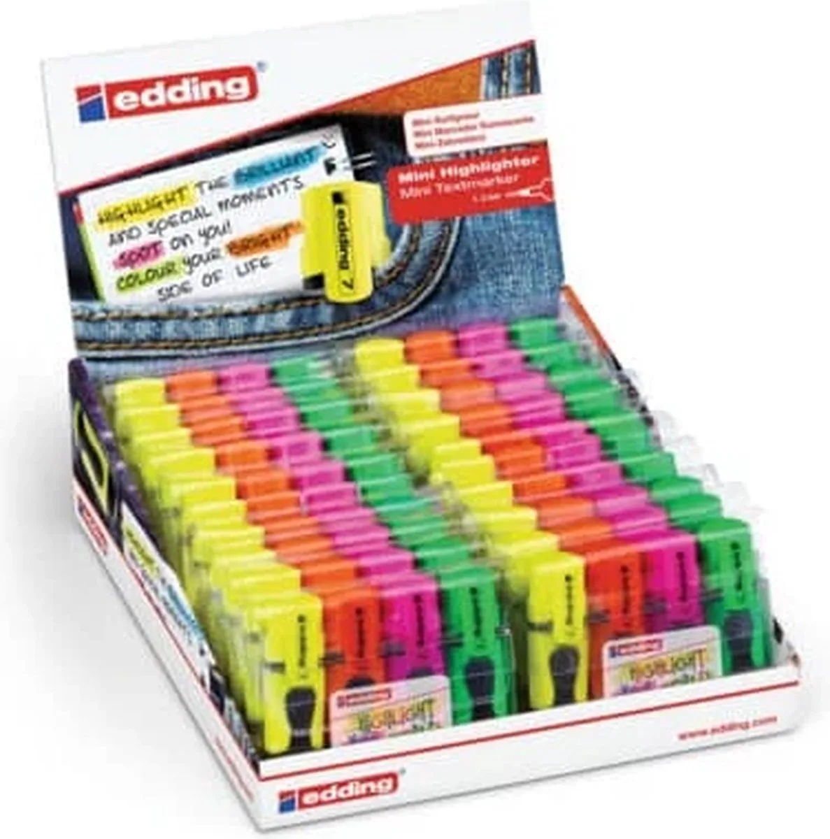 Highlighter 7 Mini – Set van 4 – Compacte Markeerstiften – 1‑3 mm Punt – Neon Oranje, Geel, Groen, Roze - 20 x 4 stuks van edding in Neon Groen, Neon Geel, Neon Oranje, Neon Roze – productfoto