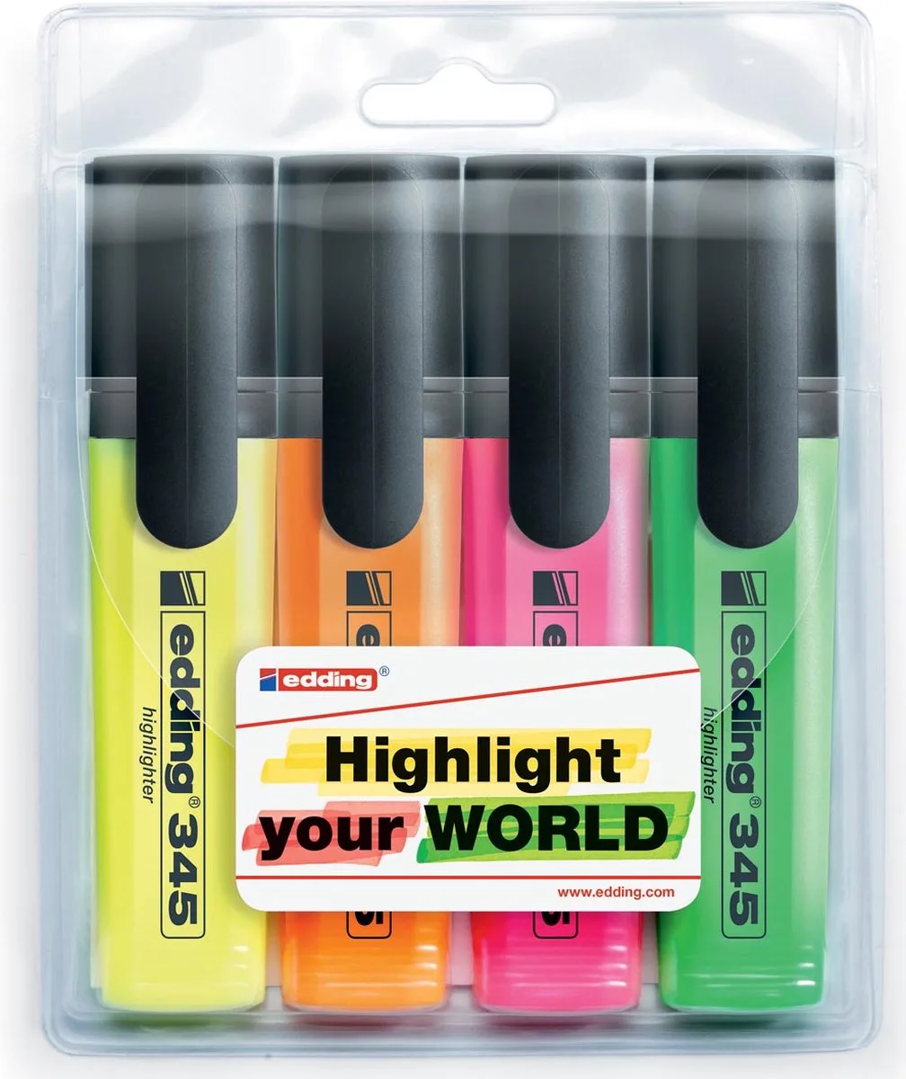 markeerstift 345, etui van 4 stuks in geassorteerde kleuren 40 stuks de edding en Assortiment aan kleuren – photo produit