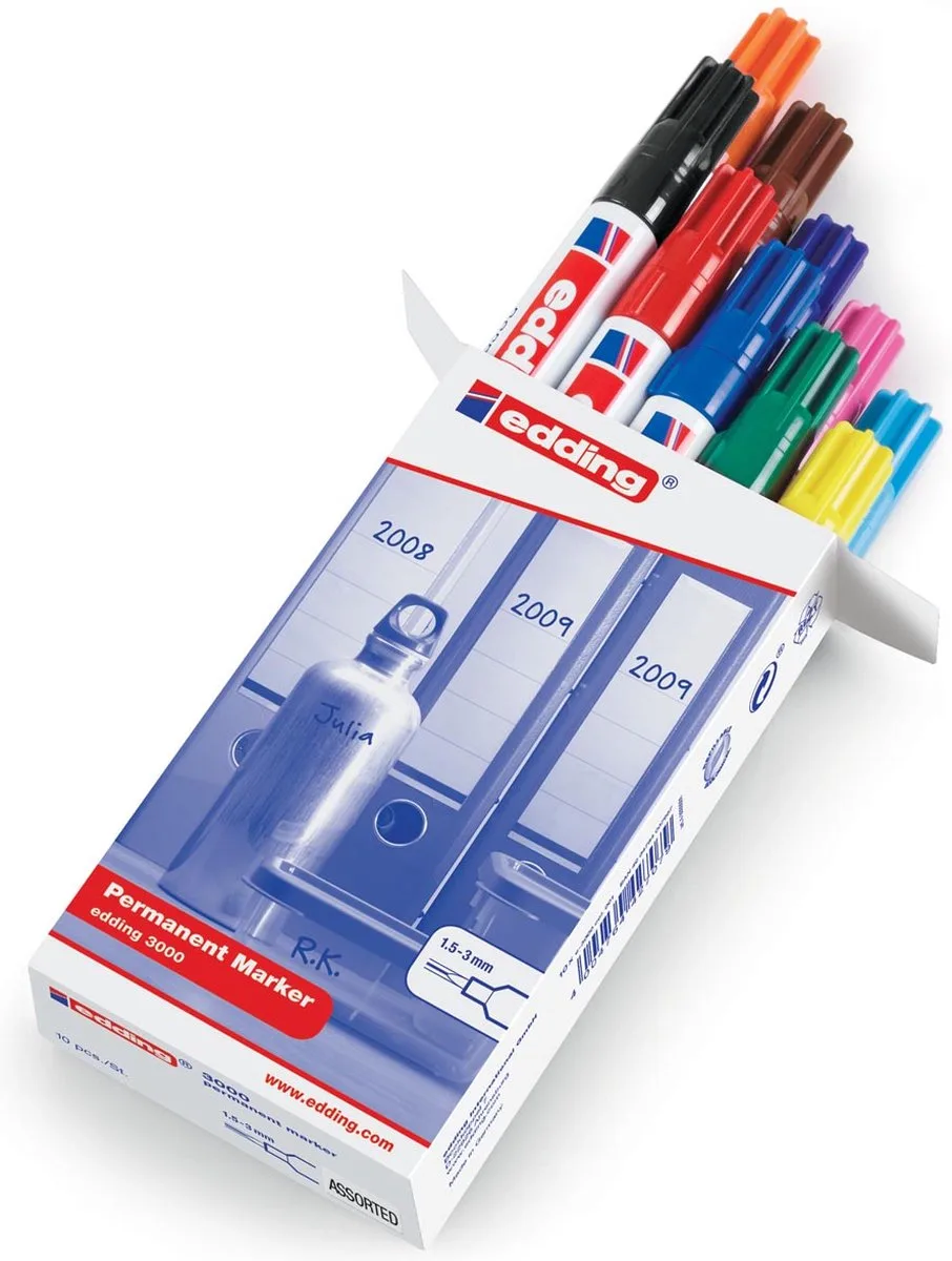 permanent marker 3000, doos van 10 stuks in geassorteerde kleuren 60 stuks van edding in Assortiment aan kleuren – productfoto