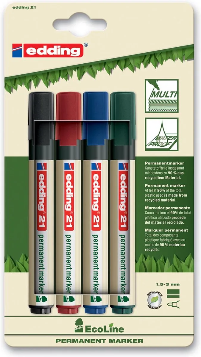 permanent marker Ecoline e-21 set van 4 stuks in geassorteerde kleuren 10 stuks van edding in Assortiment aan kleuren – productfoto