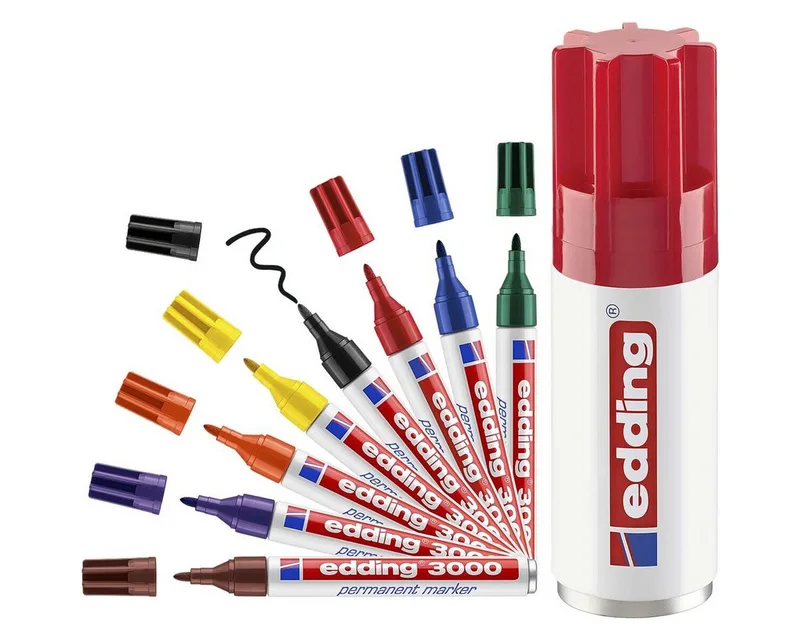 Permanentmarker 3000, (8-tlg), Strichstärke 1,5-3,0 mm, wisch- und wasserfest von edding in Blau, Braun, Mehrfarbig, Gelb, Grün, Rot, Schwarz – Produktfoto