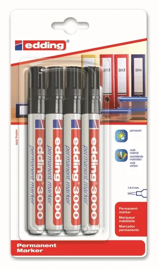 Viltstift edding 3000 rond 1.5-3mm zwart blister à 4 stuks van edding – productfoto 1 van 3
