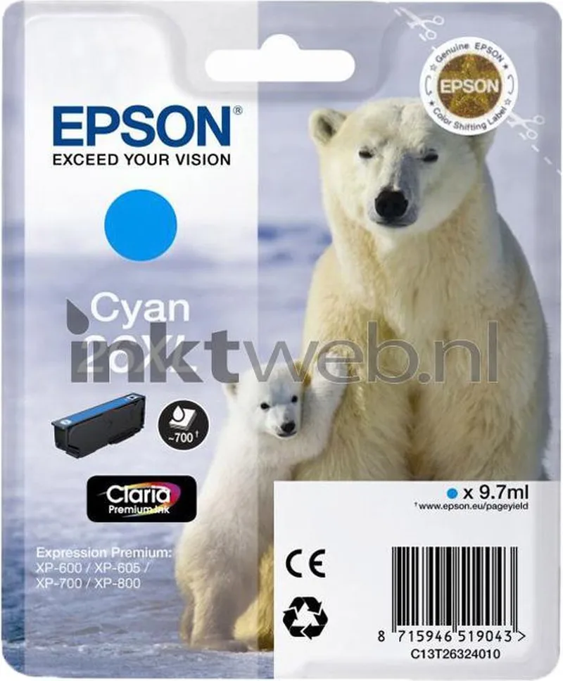 Epson 26XL (T2632) - Inktcartridge / Hoge Capaciteit von Epson in Cyaan – Produktfoto