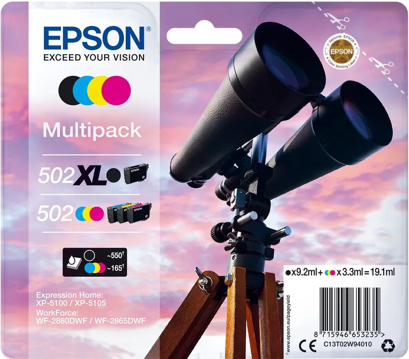Multipack 4-colours 502 XL Black/Std. CMY fra Epson i Sort, Cyan, Magenta, Gul – produktbillede