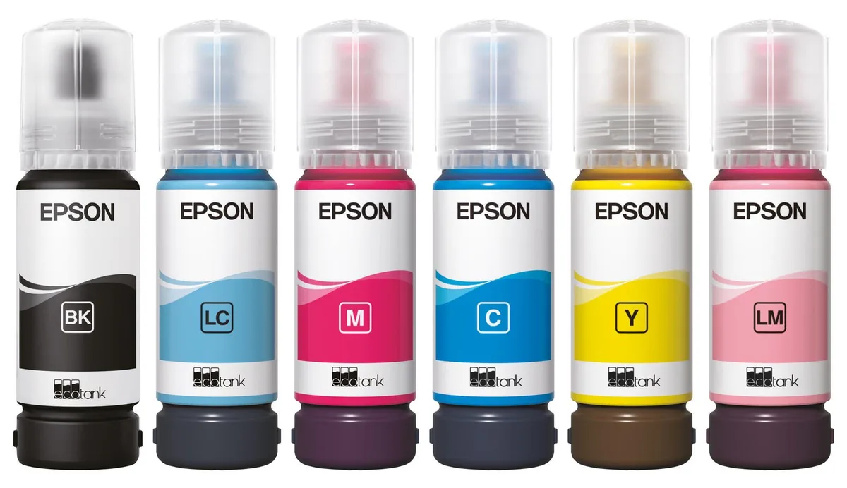 Original EcoTank 107 Tintenflaschen - 6er Multipack schwarz, cyan, magenta, gelb, cyan hell, magenta hell von Epson – Produktfoto