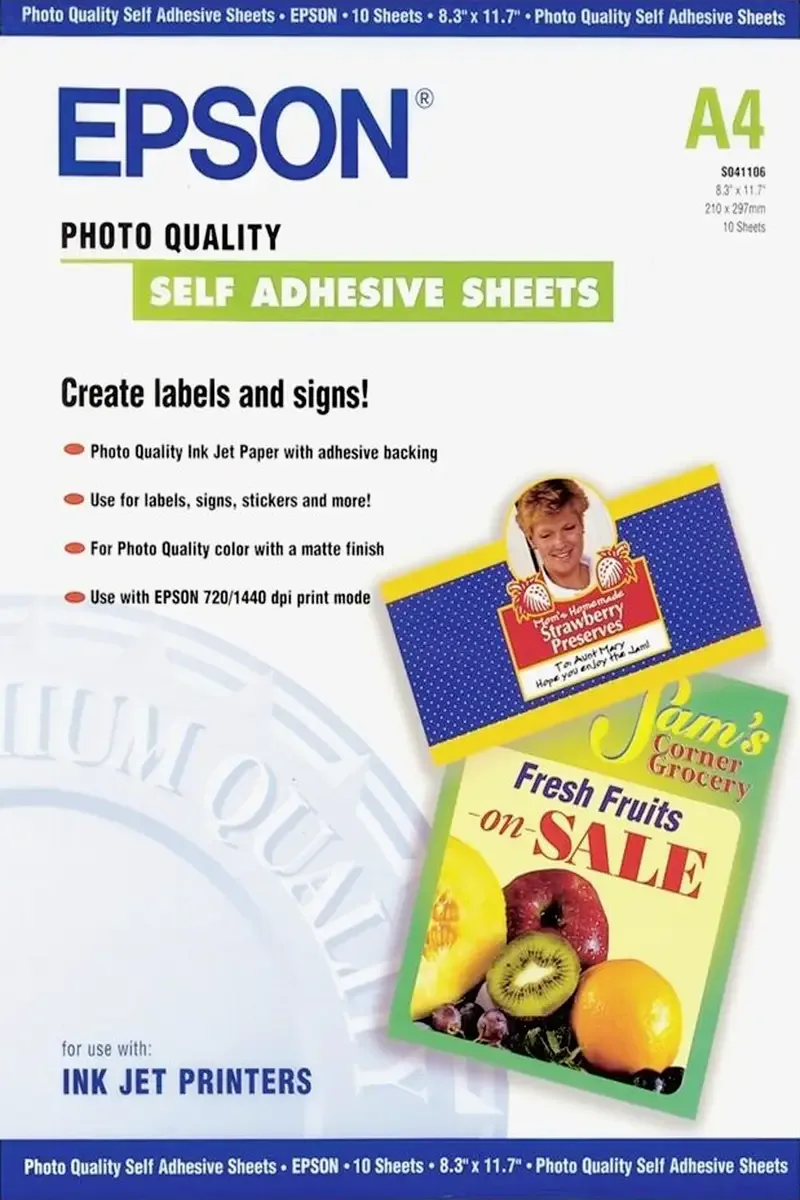Photo Quality Self Adhesive Sheets A4 C13S041106 Fotopapier DIN A4 167 g/m² 10 Blatt Selbstklebend von Epson – Produktfoto
