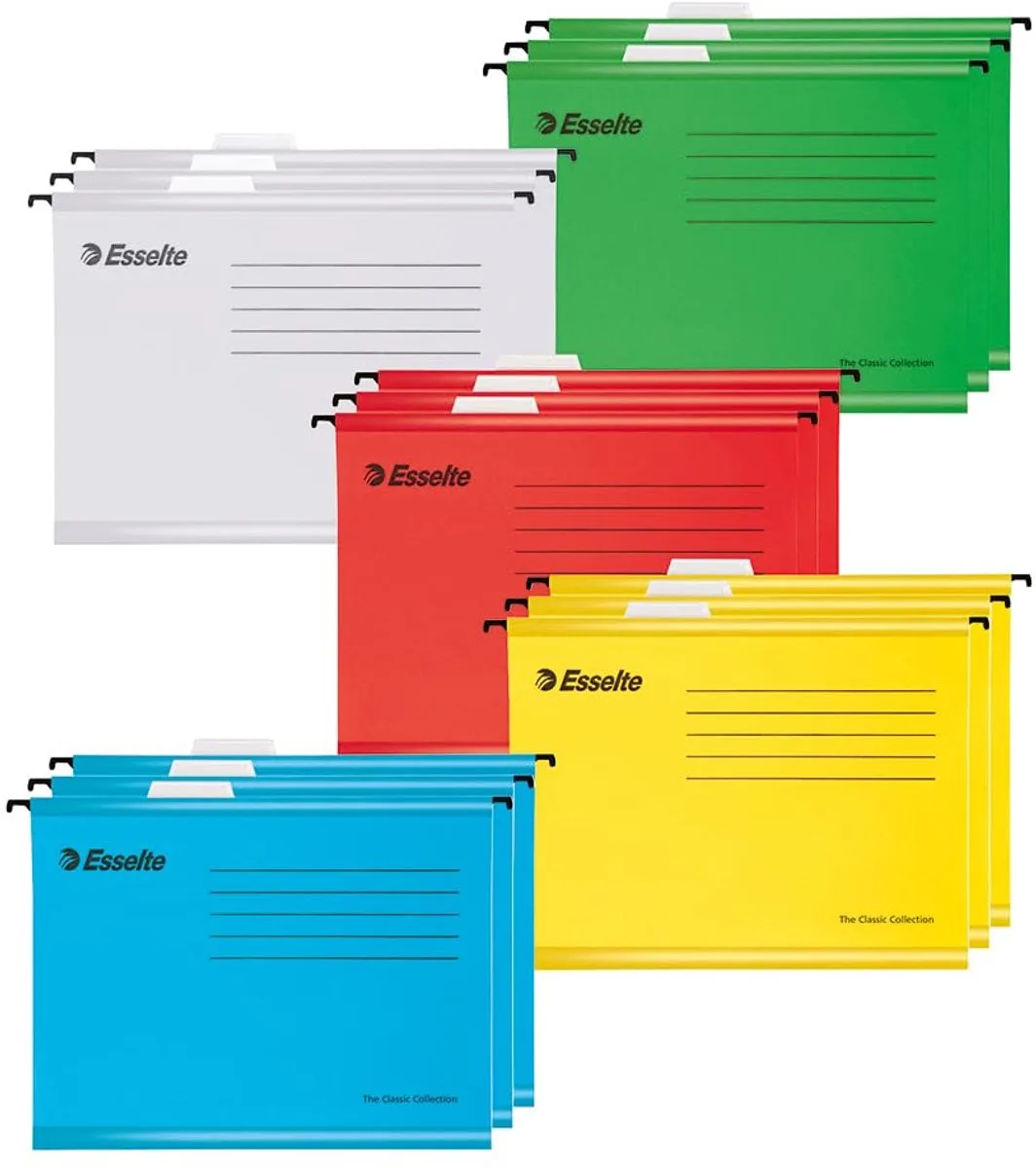 A4 hangmappen van versterkt karton, set van 15, map van stevig, 100% gerecycled karton, met tabbladen, voor dossiers en documenten op kantoor, school en thuiskantoor, 5 kleuren, 628808 från Esselte – produktbild