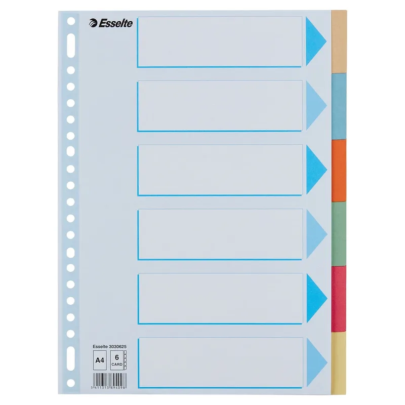 Tabbladen esselte premium a4 6dlg karton 23r ass | 25 stuks van Esselte – productfoto