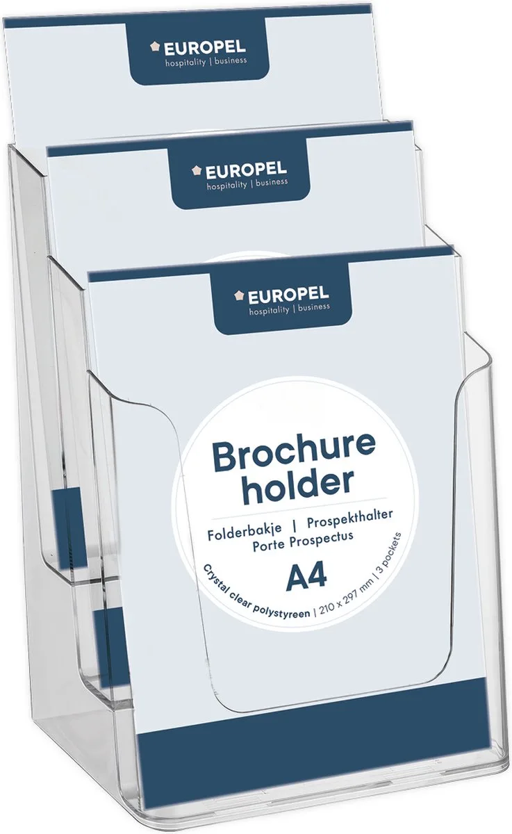 Folderbakjes meervoudig – Flyers, Folders & Visitekaartjes – 3x A4 – 21 x 29,7 cm – Glasheldere presentatie – Beurzen en kantoren de Europel en Transparent – photo produit