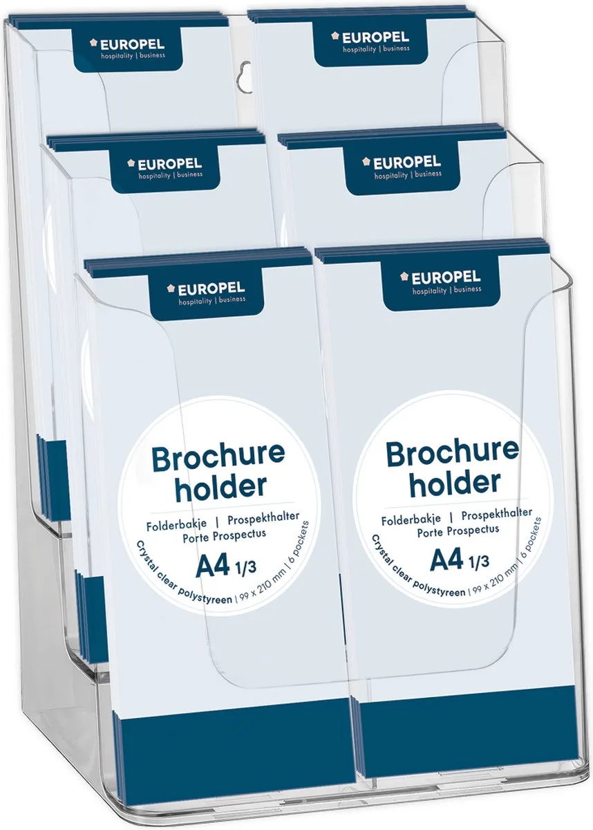 Folderbakjes meervoudig – Flyers, Folders & Visitekaartjes – 6x 1/3 A4 – 9,9 x 21 cm – Glasheldere presentatie – Beurzen en kantoren de Europel en Transparent – photo produit