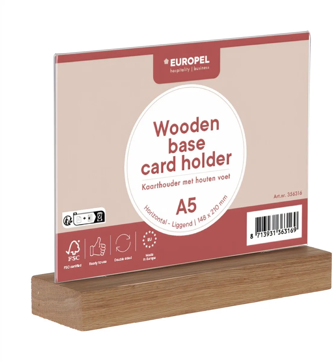 Kaarthouder A5 Liggend Acryl met houten voet van Europel in Transparant, Hout – productfoto