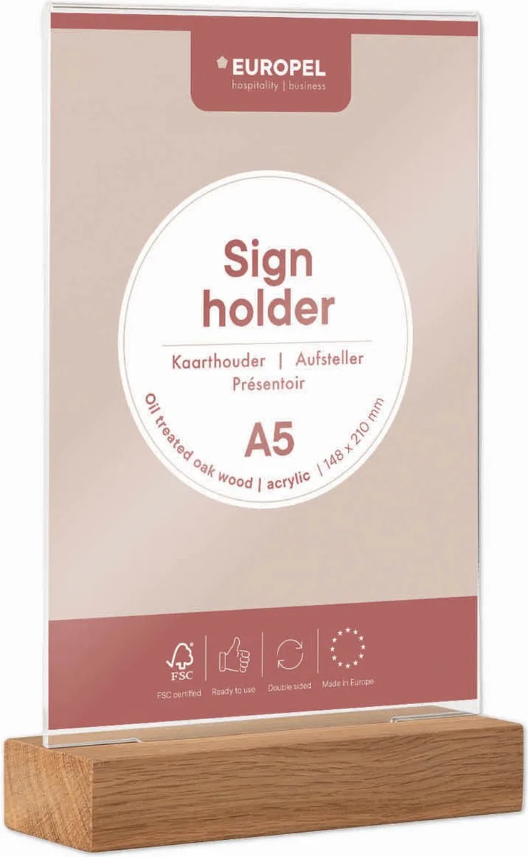 Kaarthouder - acryl - houten voet - A5 - 14,8 x 21 cm von Europel in Transparent, Hout – Produktfoto