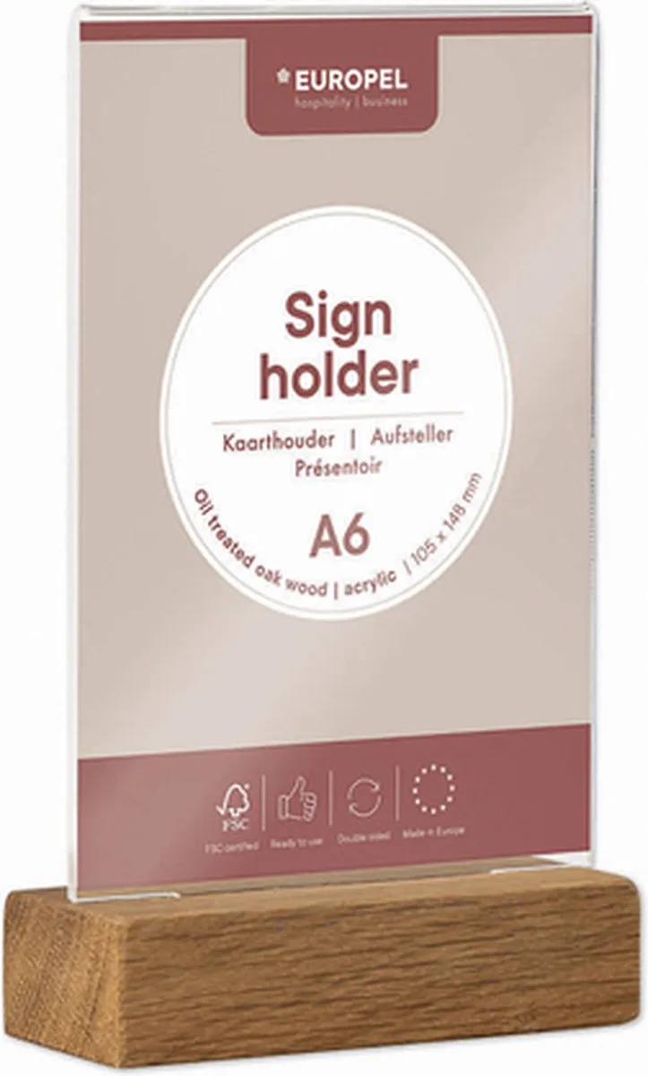 Kaarthouder - acryl - houten voet - A6 - 10,5 x 14,8 cm von Europel in Transparent, Hout – Produktfoto