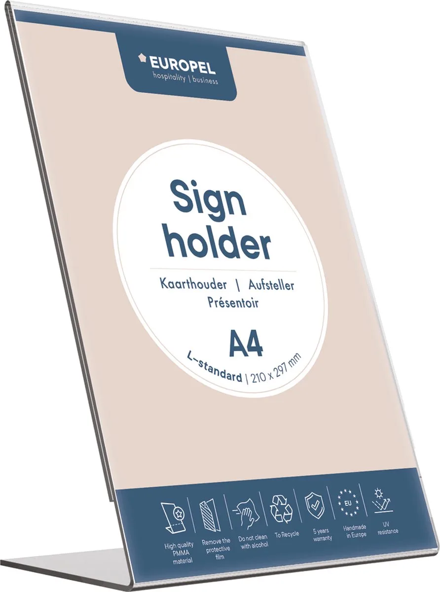 Kaarthouder Europel Staand - L-standaard - A4 - 21 x 29,7 cm - Transparant fra Europel i A4 (21 × 29, 7 cm) – produktbillede