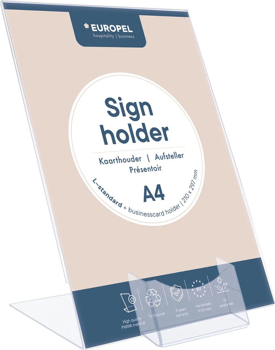 Kaarthouder Europel Staand - L-standaard met visitekaartbakje - A4 - 21 x 29,7 cm - Transparant van Europel in A4 + visitekaartbakje – productfoto