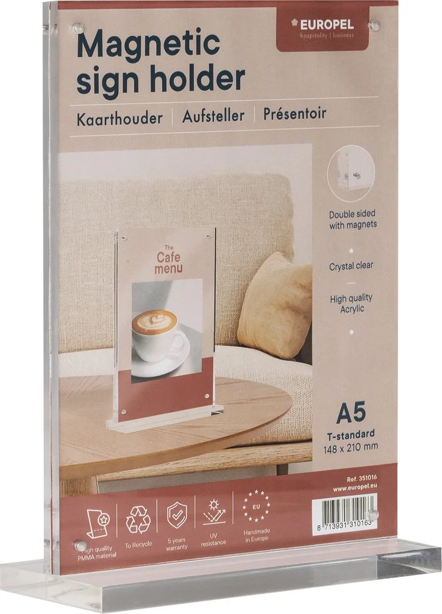 Kaarthouder Luxe - T-standaard - A5 - 14,8 x 21 cm - Met magneten de Europel en Transparent – photo produit