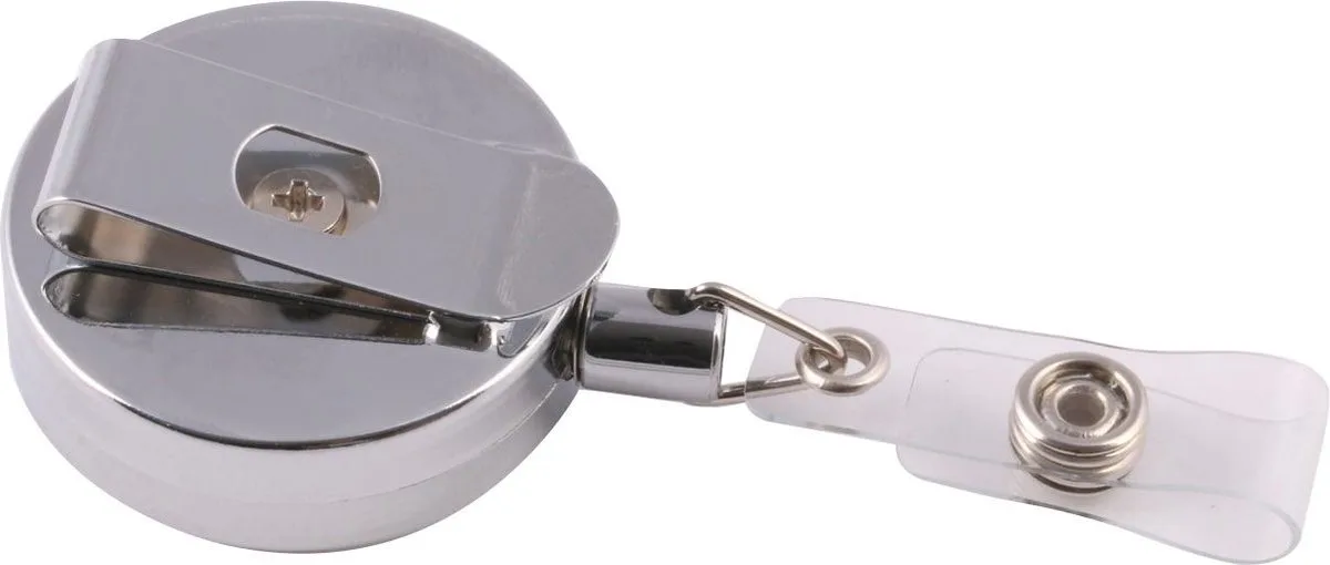 Uittrekbare Badgehouder – Verchroomd – Heavy Duty – Metalen Clip – 80 cm Koord – Drukknop Bevestiging von Europel in Silber – Produktfoto