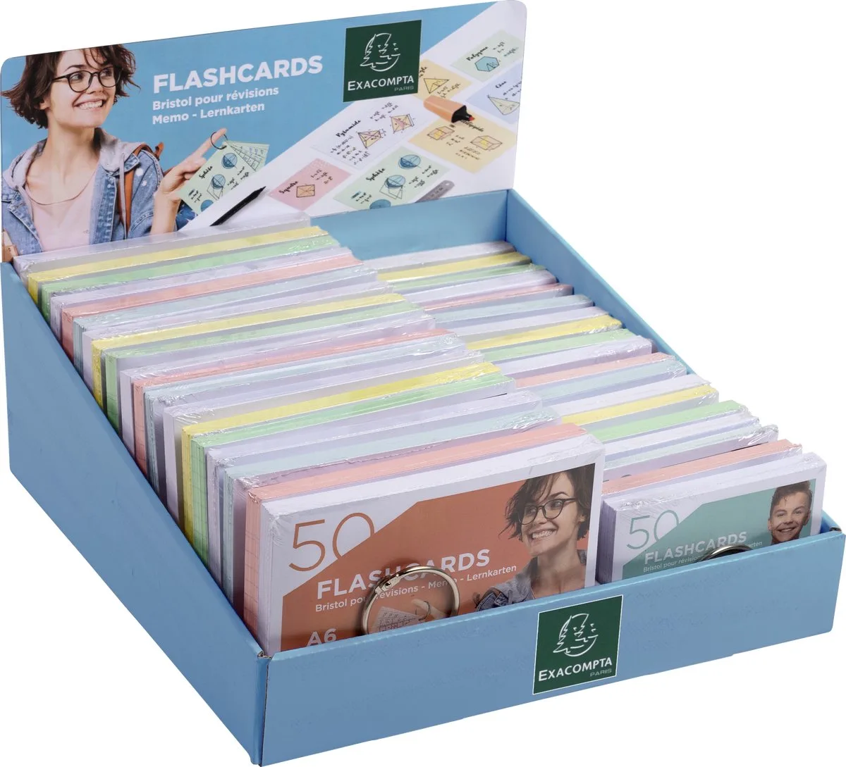 Display 38 Pak van 50 Flashcards A6 en A7 - gelijnd en geperforeerd - met gebroken ring - 10380E by Exacompta in Geassorteerd – product photo
