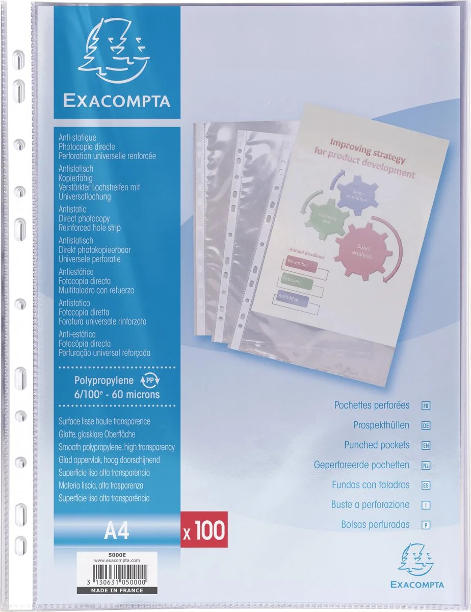 Doos van 100 geperforeerde showtassen - gladde PP 6/100ste - A4 - 5000E by Exacompta in Transparent – product photo