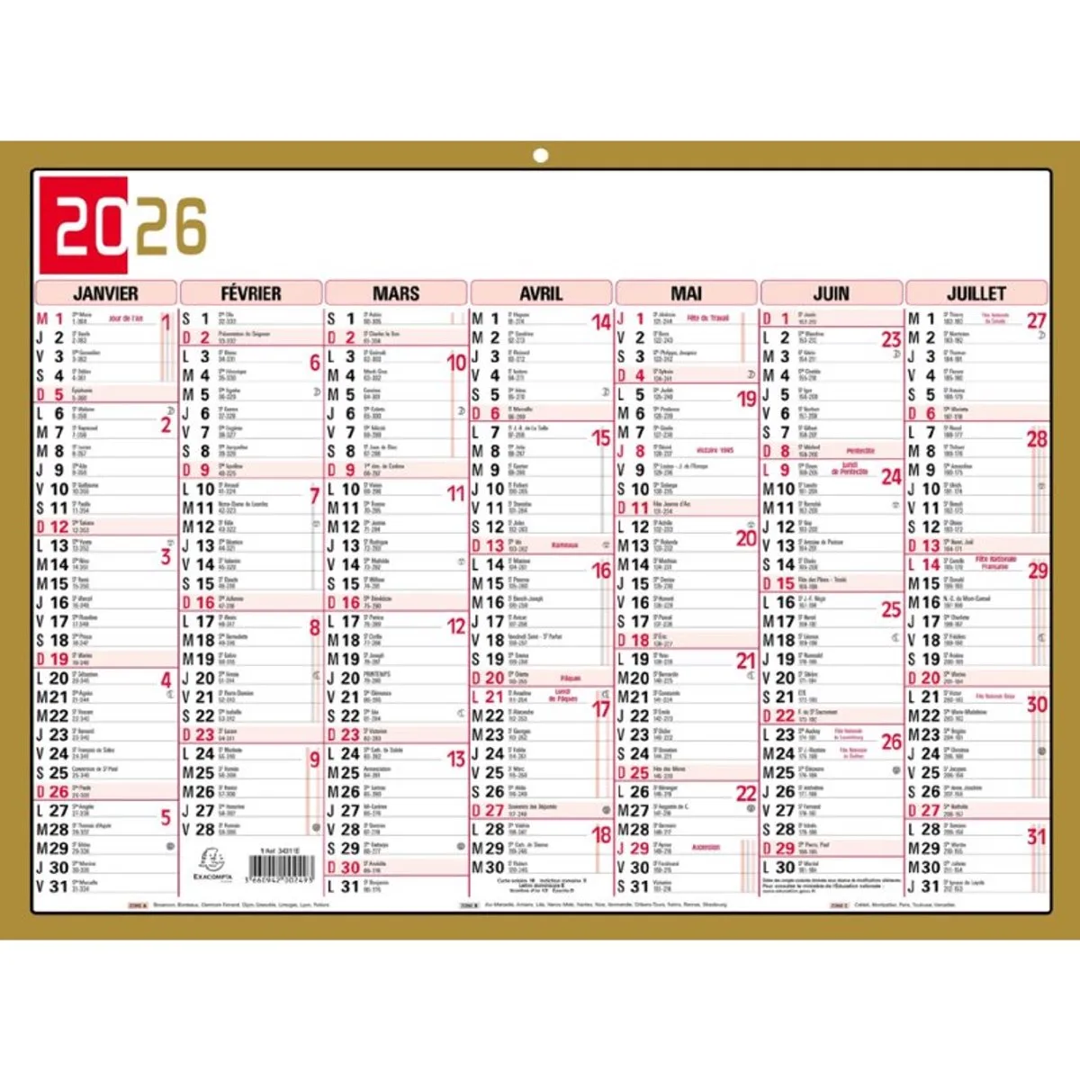 Driekleurige kalender neutraal, 295 x 220 mm, 2026 de Exacompta en Or – photo produit
