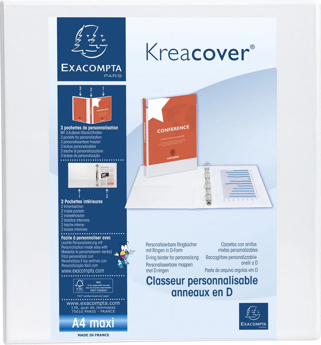 Exacompta 10x Kreacover Ringband in PP met 2 D-ringen van 60mm - A4 maxi - 51825E van Exacompta in Wit – productfoto
