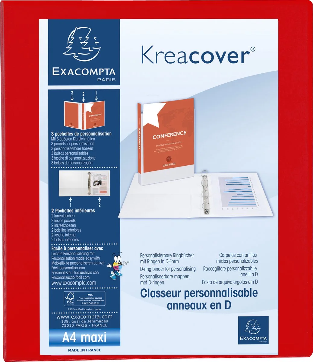 Exacompta 10x Kreacover Ringband in PP met 4 D-ringen van 25mm - A4 maxi - 51846RE van Exacompta in Rood – productfoto