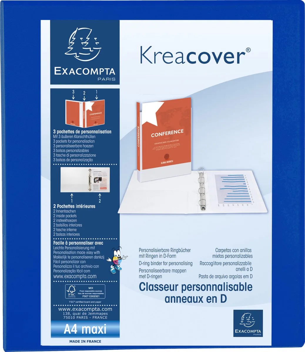 Exacompta 10x Kreacover Ringband in PP met 4 D-ringen van 30mm - A4 maxi - 51842BE van Exacompta in Blauw – productfoto