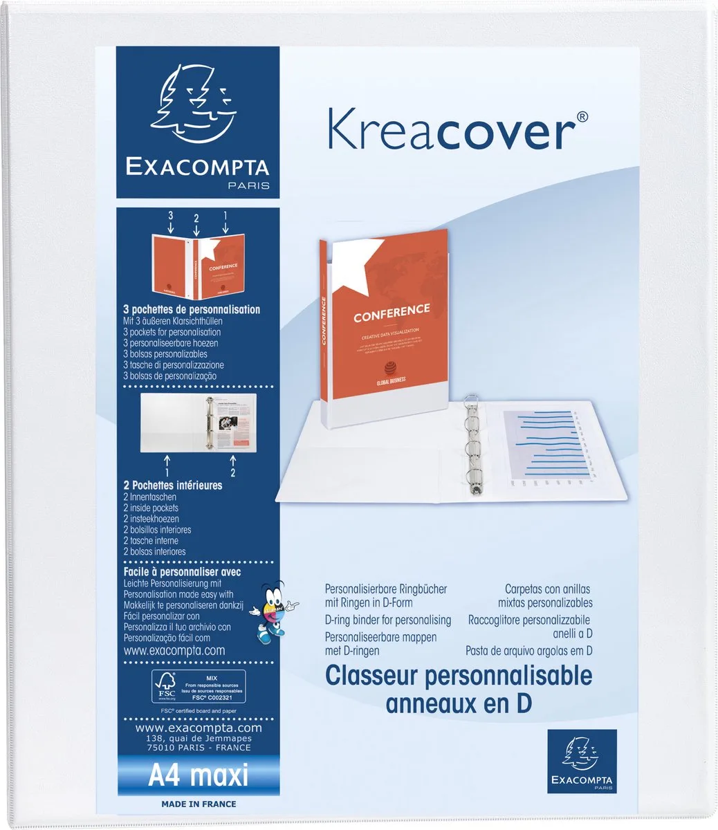 Exacompta 10x Kreacover Ringband in PP met 4 D-ringen van 30mm - A4 maxi - 51842E fra Exacompta i Hvid – produktbillede