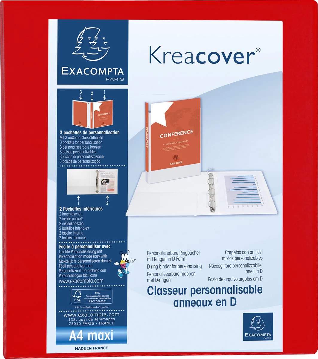 Exacompta 10x Kreacover Ringband in PP met 4 D-ringen van 40mm - A4 maxi - 51843RE van Exacompta in Rood – productfoto
