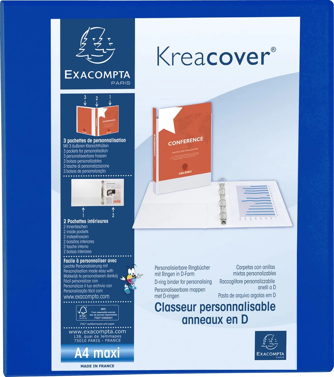 Exacompta 10x Kreacover Ringband in PP met 4 D-ringen van 50mm - A4 maxi - 51844BE van Exacompta in Blauw – productfoto