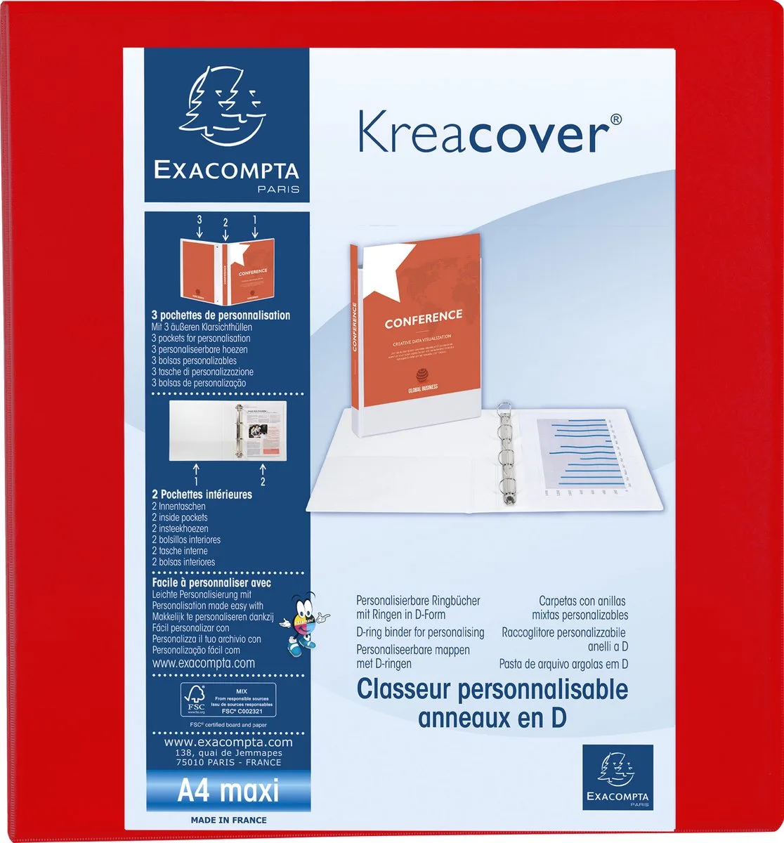 Exacompta 10x Kreacover Ringband in PP met 4 D-ringen van 60mm - A4 maxi - 51845RE by Exacompta in Red – product photo