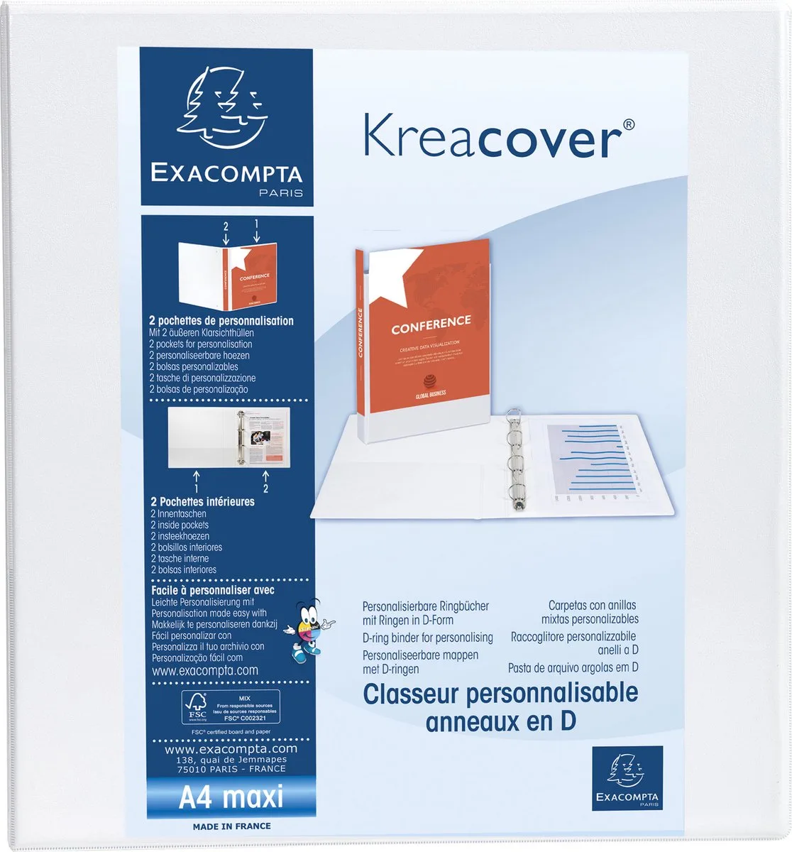 Exacompta 10x Kreacover Ringband in PP met 4 D-ringen van 60mm - A4 maxi - 51945E by Exacompta in White – product photo