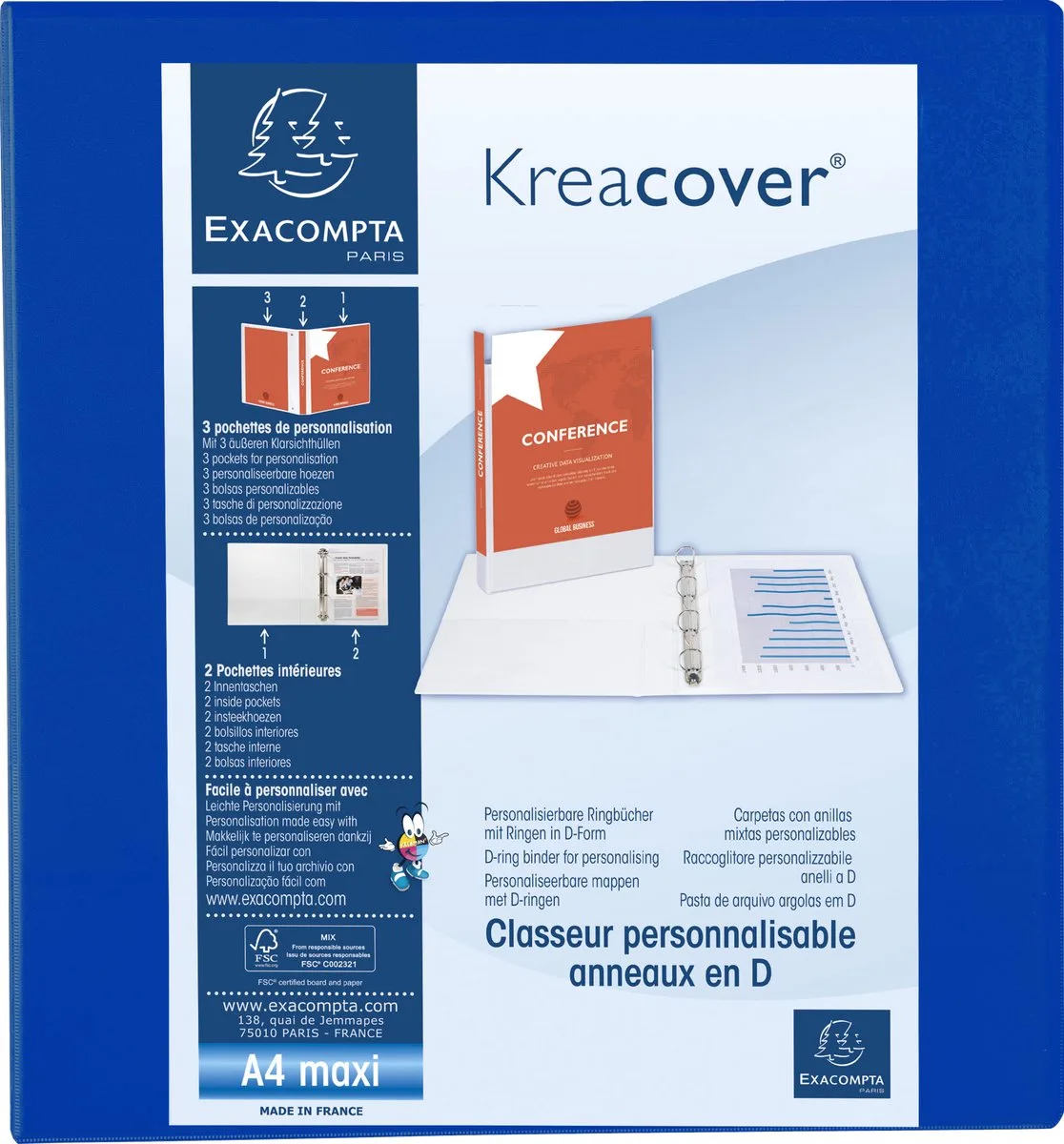 Exacompta 10x Kreacover Ringband in PP met 4 D-ringen van 60mm - A4 maxi - 51845BE by Exacompta in Blue – product photo