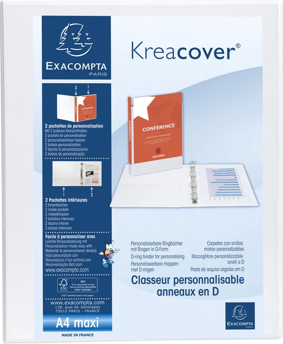 Exacompta 10x Kreacover Ringband in PP personaliseerbaar - 2 vakken - 2D-ringen 30mm - A4 maxi - 51922E van Exacompta in Wit – productfoto