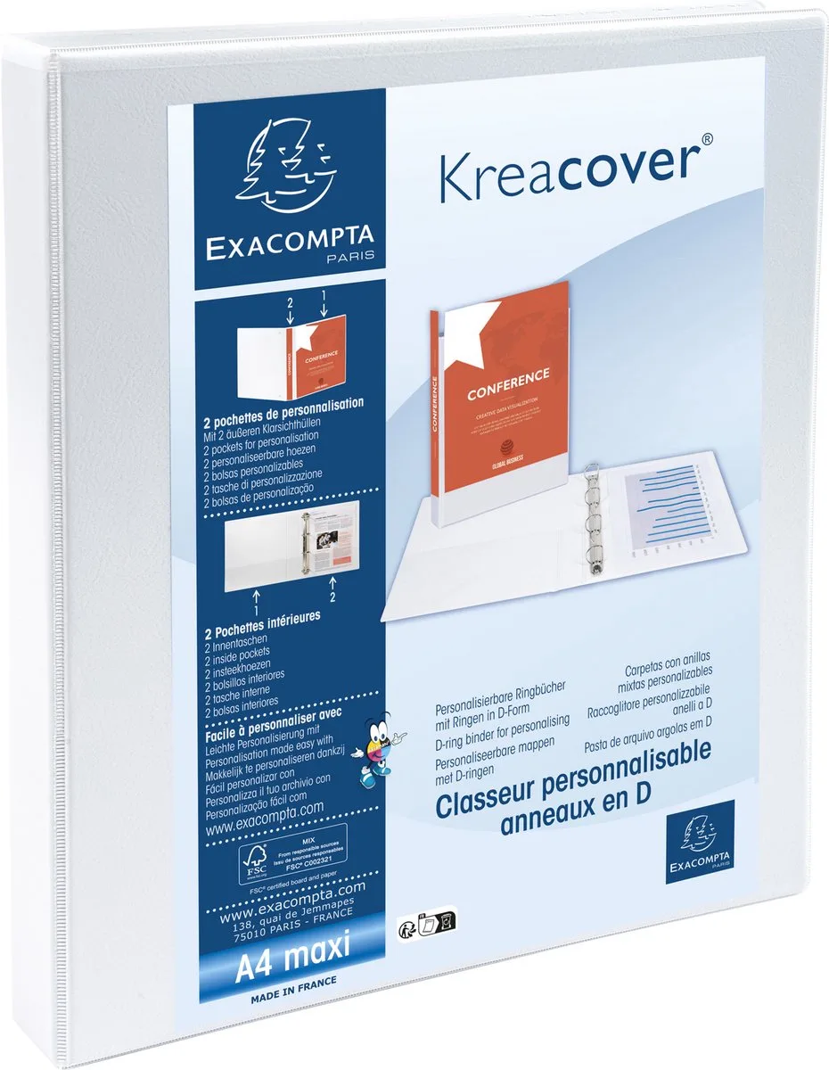 Exacompta 10x Kreacover Ringband in PP personaliseerbaar - 2 vakken - 4 ronde ringen 16mm - A4 maxi - 51940E by Exacompta in White – product photo