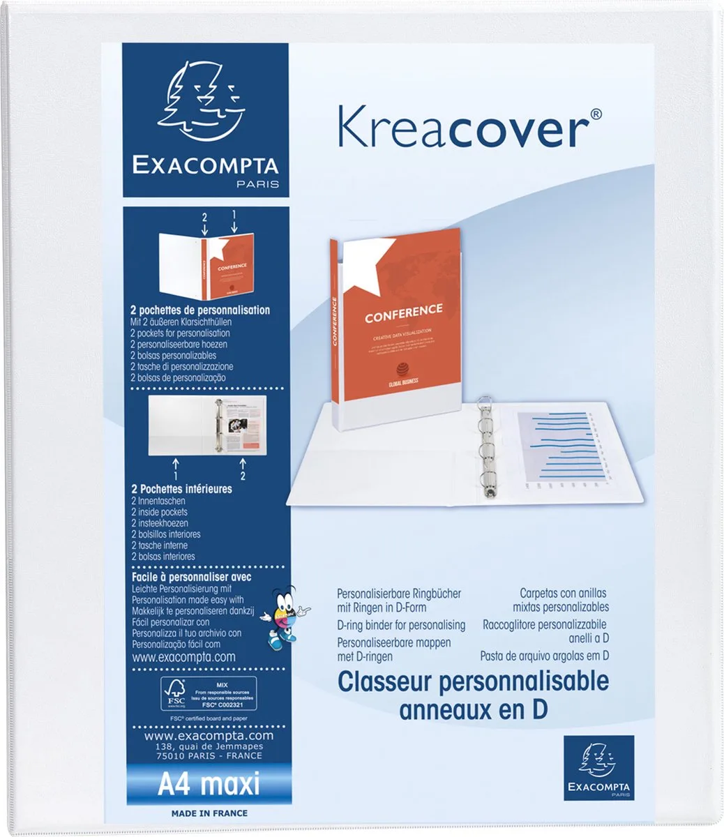Exacompta 10x Kreacover Ringband in PP personaliseerbaar - 2 vakken - 4D-ringen 40mm - A4 maxi - 51943E by Exacompta in White – product photo