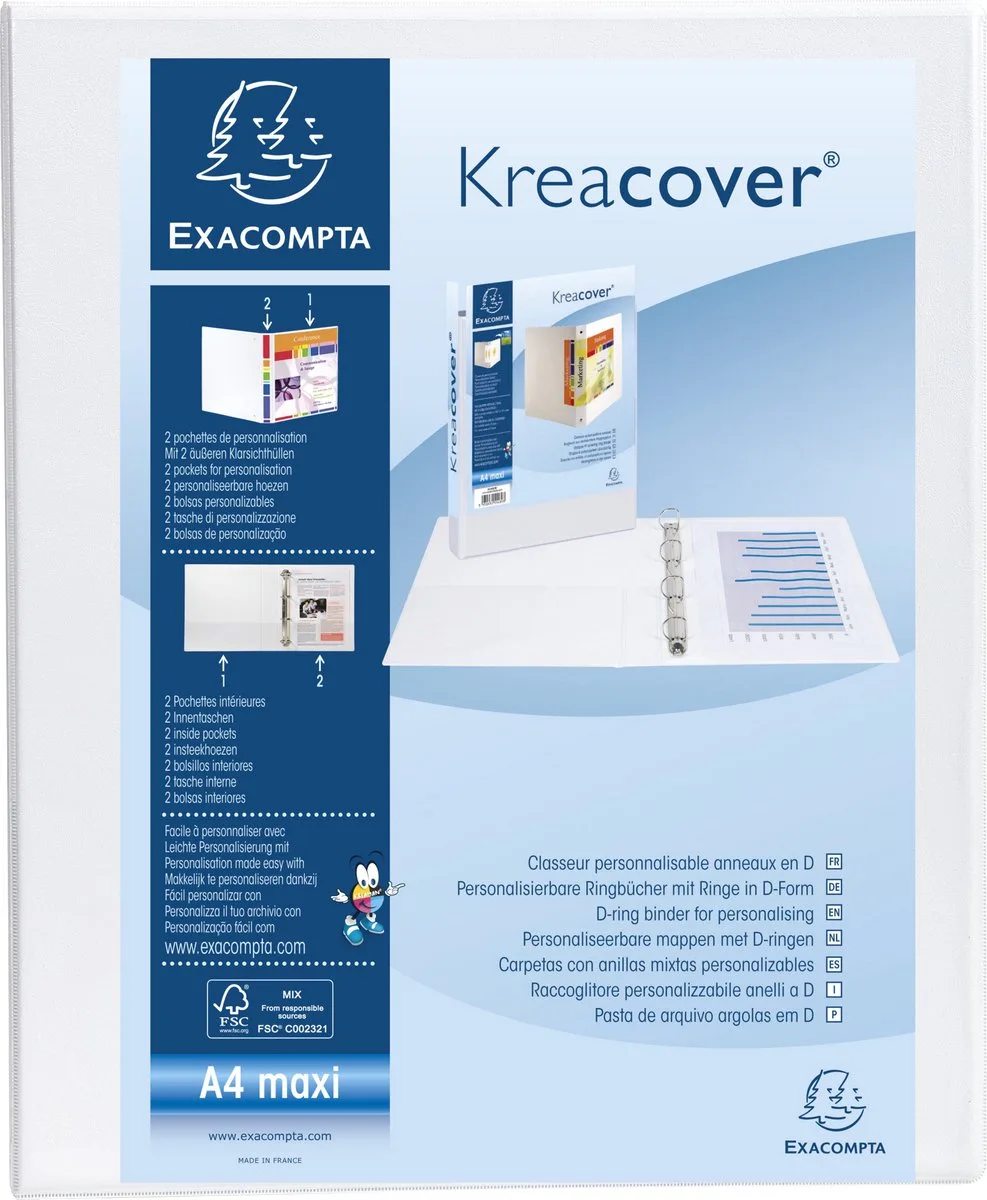 Exacompta 10x Kreacover Ringband in PP personaliseerbaar - 2 vakken - 2D-ringen 50mm - A4 maxi - 51941E by Exacompta in White – product photo