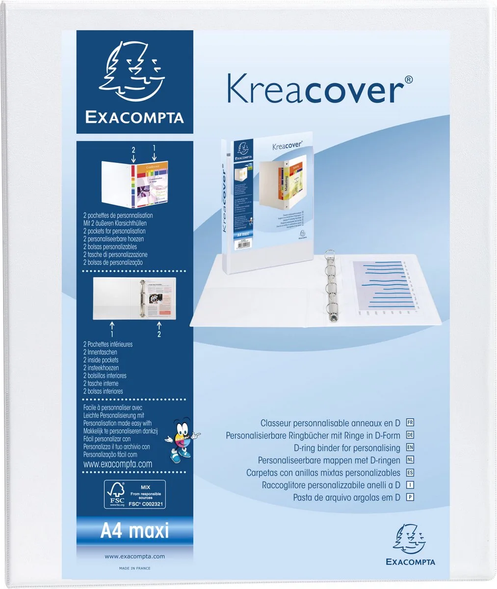 Exacompta 10x Kreacover Ringband in PP personaliseerbaar - 2 vakken - 4 D ringen 30mm - A4 maxi - 51942E by Exacompta in White – product photo