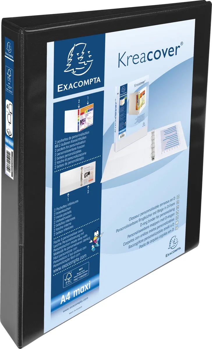 Exacompta 10x Kreacover Ringband in PP personaliseerbaar - 2 vakken - 4 D ringen 30mm - A4 maxi - 51942NE by Exacompta in Black – product photo