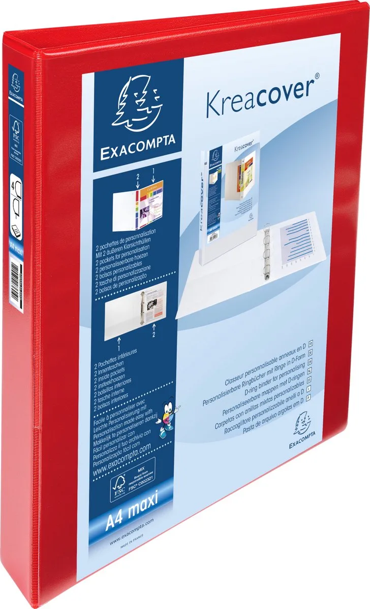 Exacompta 10x Kreacover Ringband in PP personaliseerbaar - 2 vakken - 4 D ringen 30mm - A4 maxi - 51942RE by Exacompta in Red – product photo