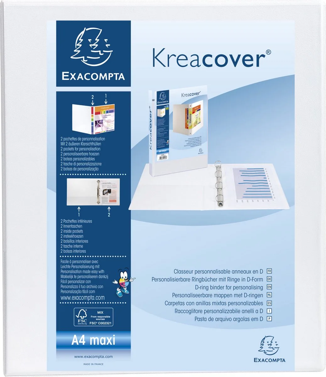 Exacompta 10x Kreacover Ringband PP personaliseerbaar - 2 vakken - 2D-ringen 40mm - A4 maxi - 51923E van Exacompta in Wit – productfoto