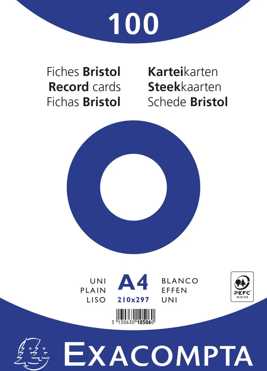Exacompta 10x Pak 100 steekkaarten bristol in folie - effen niet geperforeerd 210x297mm - 10506E van Exacompta in Wit – productfoto
