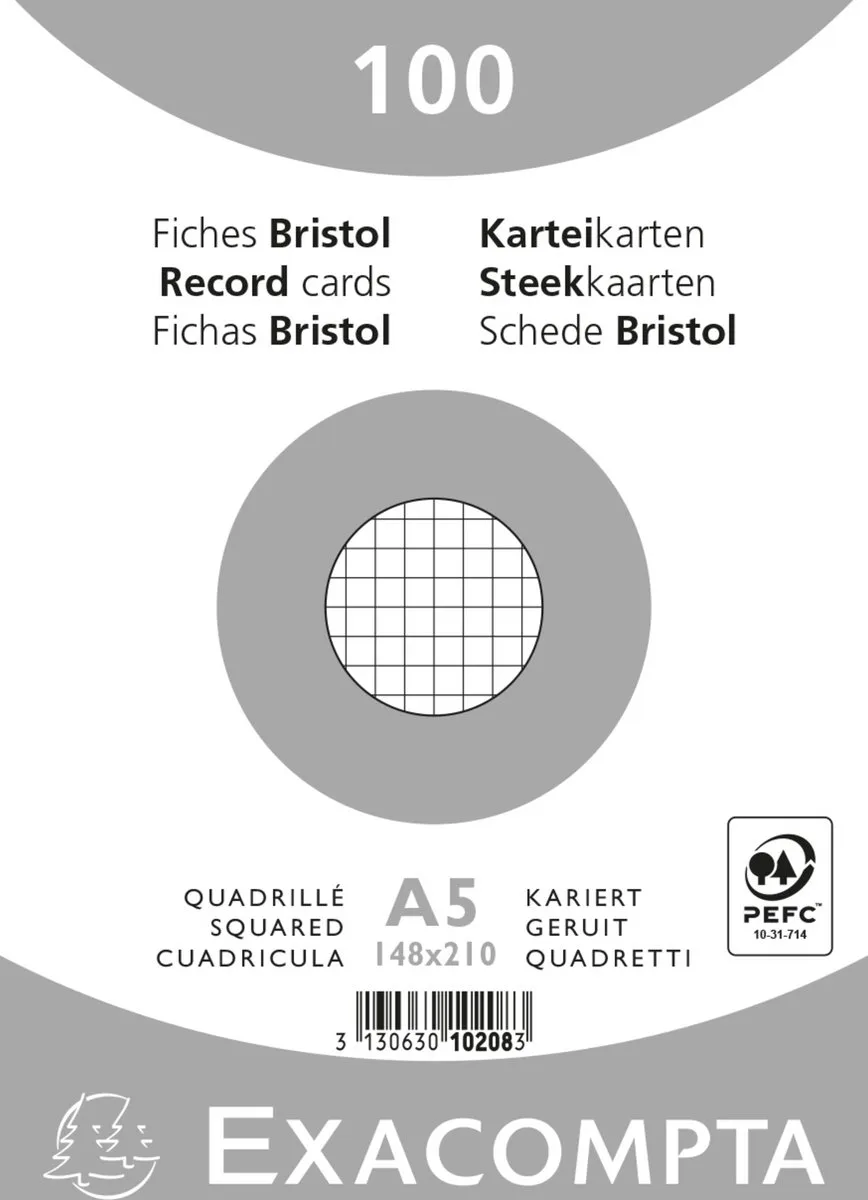 Exacompta 10x Pak 100 steekkaarten bristol in folie - geruit 5x5 niet geperforeerd 148x210mm - 10208E de Exacompta en Blanc – photo produit