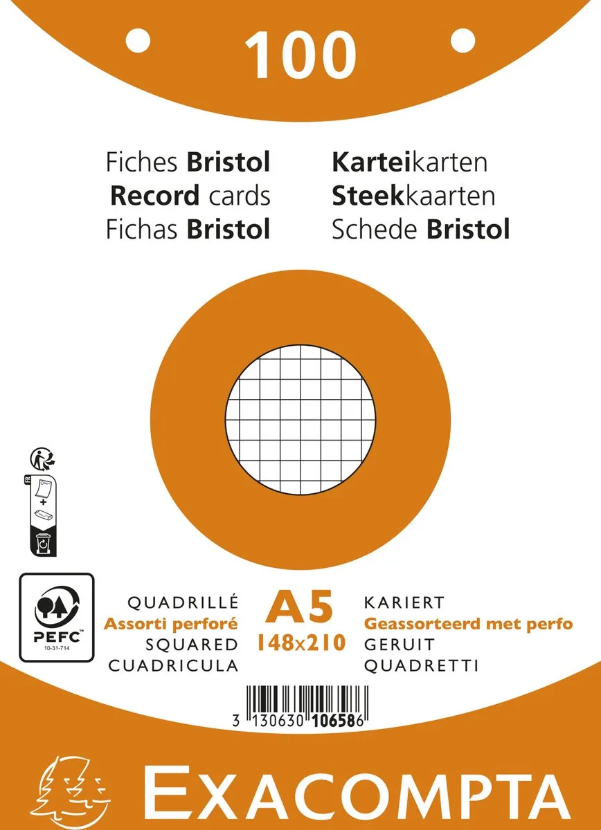 Exacompta 10x Pak 100 steekkaarten in folie - bristol geruit 5x5 geperforeerd - 148x210mm - 10658E van Exacompta in Geassorteerd – productfoto