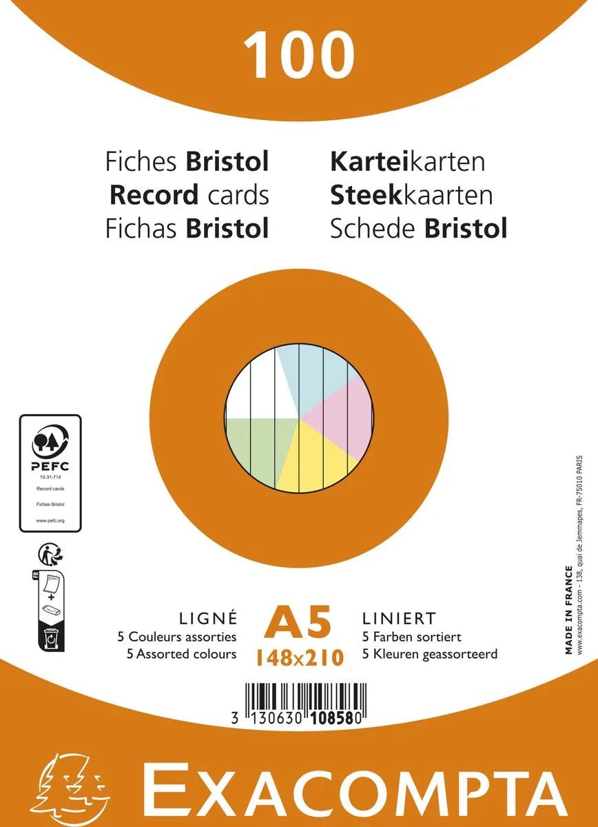 Exacompta 10x Pak 100 steekkaarten onder krimpfolie - Bristol gelijnd niet geperforeerd 148x210mm - 10858E van Exacompta in Geassorteerd – productfoto