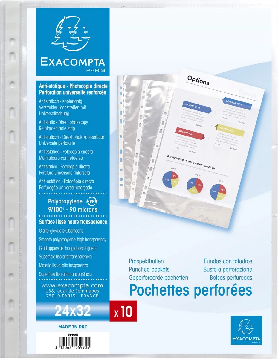 Exacompta 10x Pak van 10 geperforeerde showtassen voor visitekaartjes 10 vakjes gladde PP 11/100ste - A4 - 55046E by Exacompta in Transparent – product photo