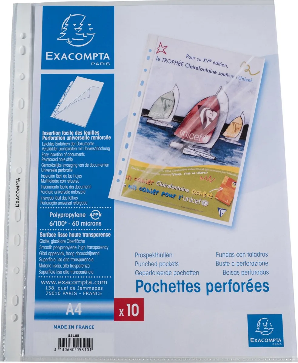 Exacompta 10x Pak van 10 geperforeerde showtassen- zijdelingse opening - gladde PP 6/100ste - A4 - 5310E by Exacompta in Transparent – product photo